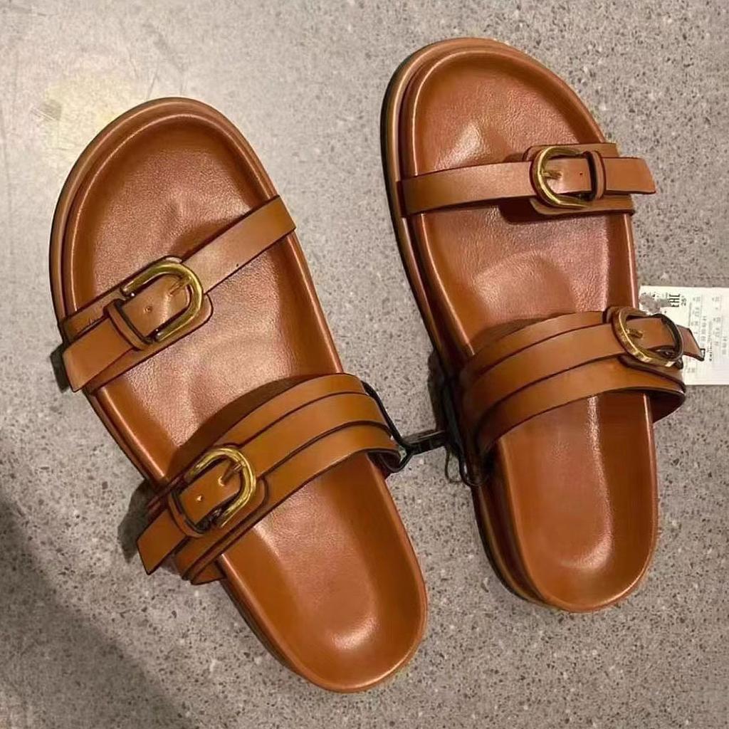 Ciabatta piatta con fibbia in metallo marrone 2024 da donna a punta tonda aperta sul davanti ciabatte flatfrom per donna casual comode da interno scarpe con suola spessa