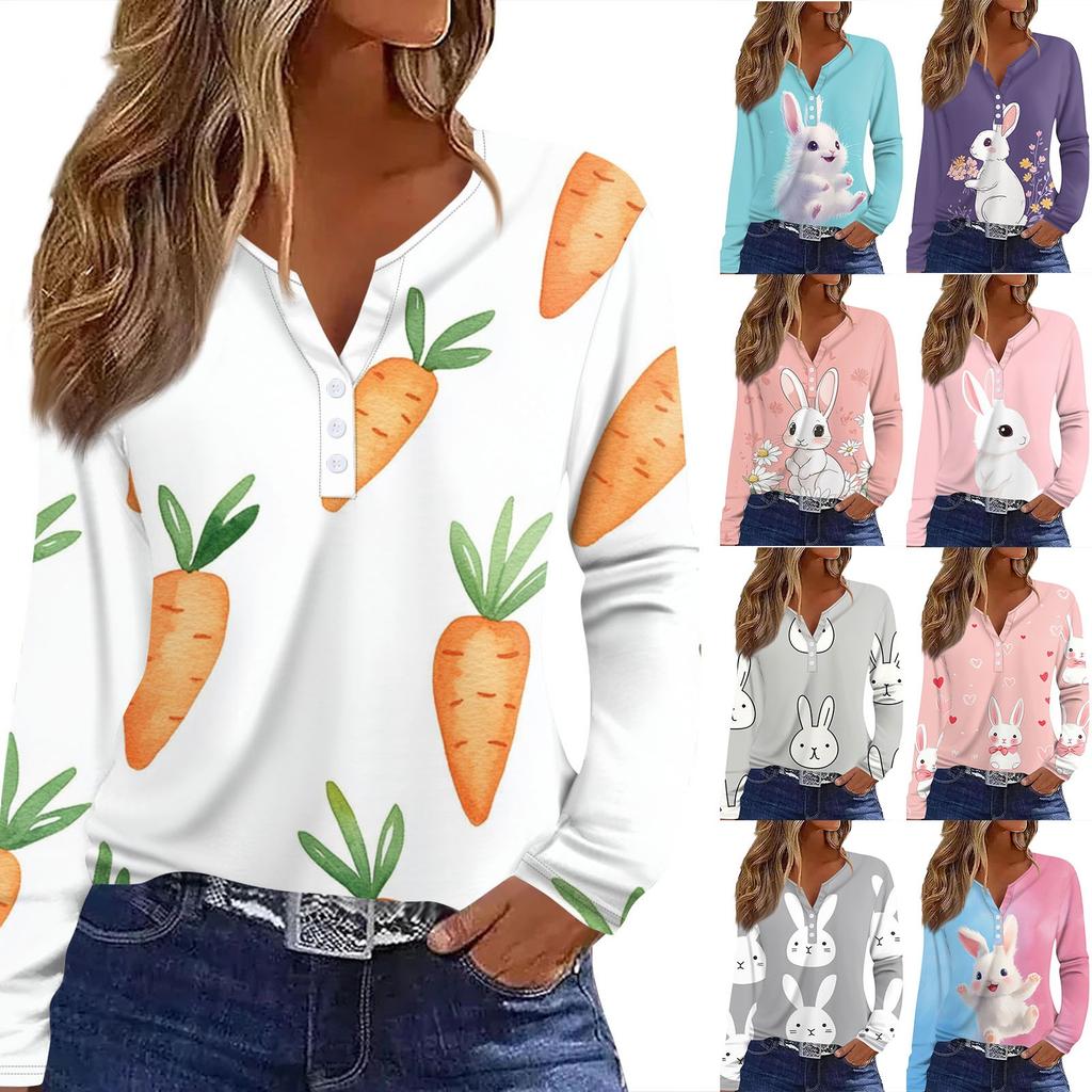 Women's Fashion Casual Printed V-neck Long Sleeve Button Up T-shirt Top