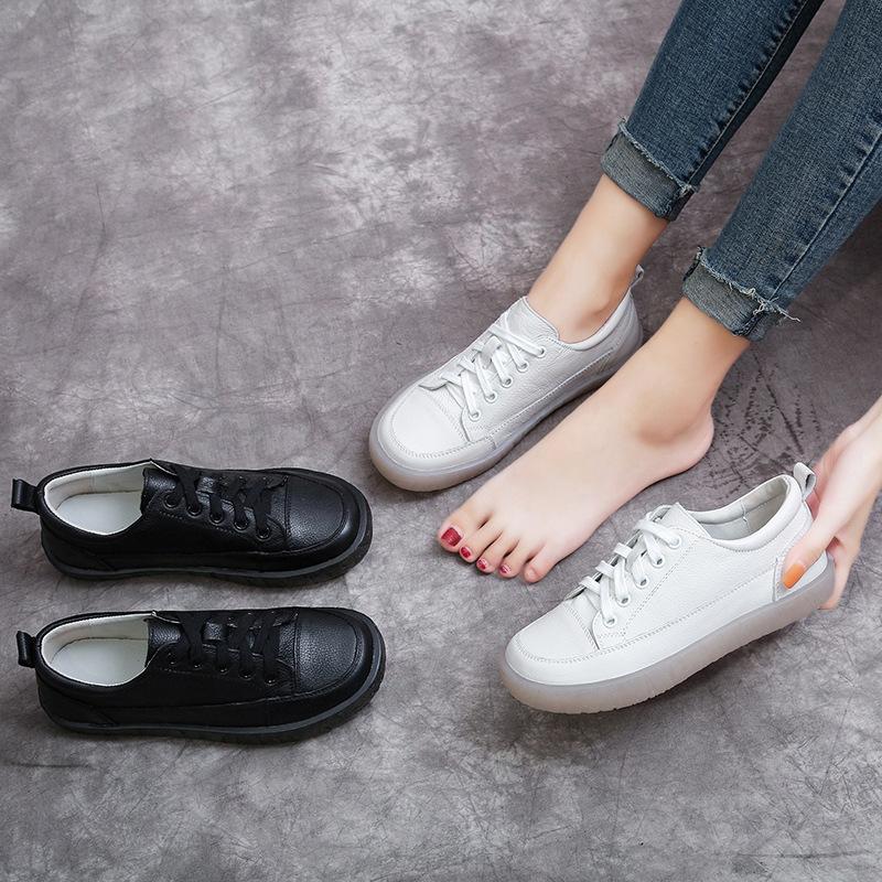 Fashion GKTINOO 2025 New Spring Women Flat Shoes Lace Up Round Toe Genuine Leather Flats Women Casual Shoes Soft Bottom Ladies Shoes