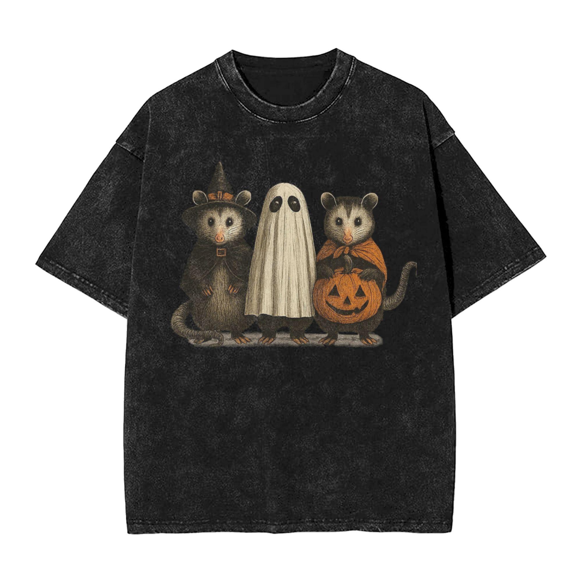 Halloween Opossum Washed T Shirt Novelty Harajuku for Men Women Loose Tee T-Shirts Short Sleeve S
