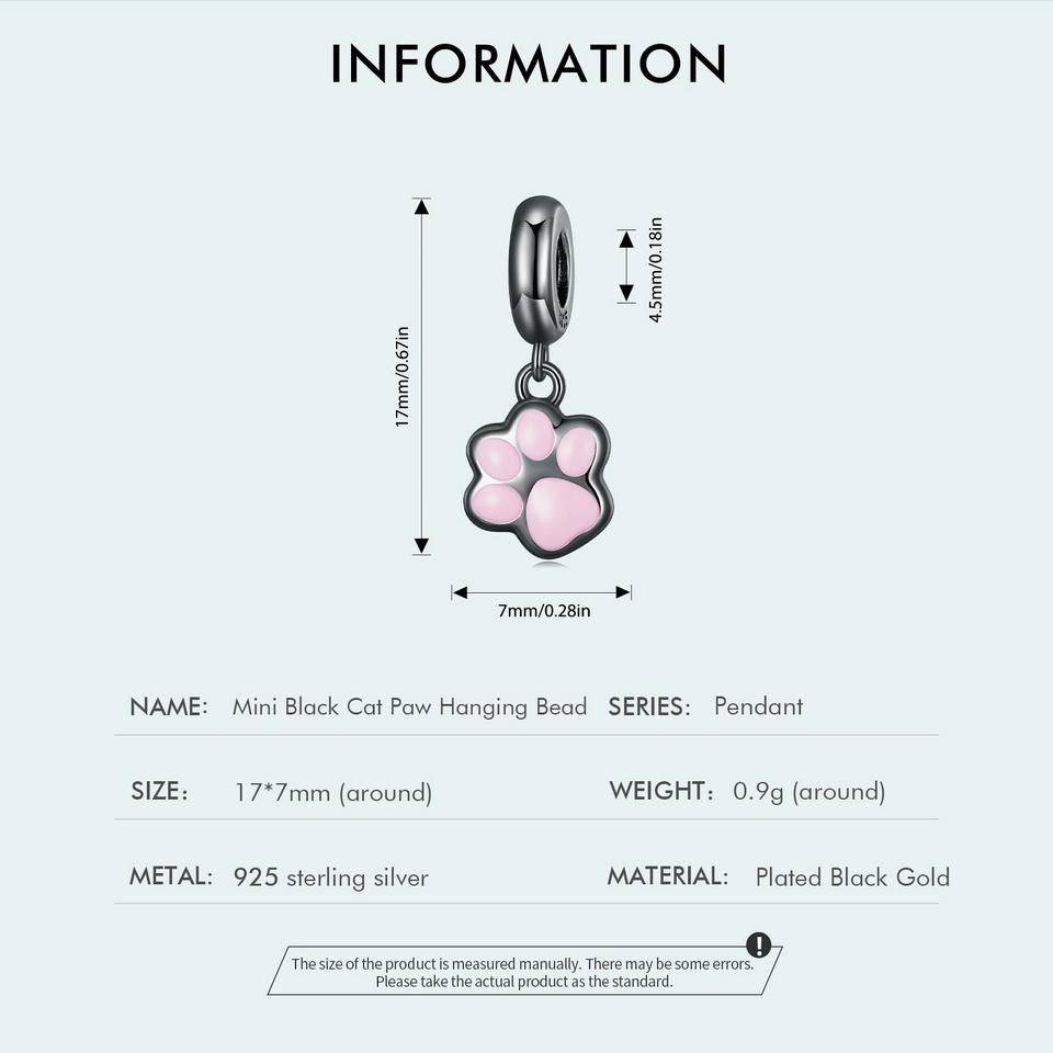 WOSTU 925 Sterling Sølv Svart Gull Mini Cat Paw Charms Anheng Dyreperle For Kvinner Fit DIY Armbånd Halskjede Smykkefremstilling