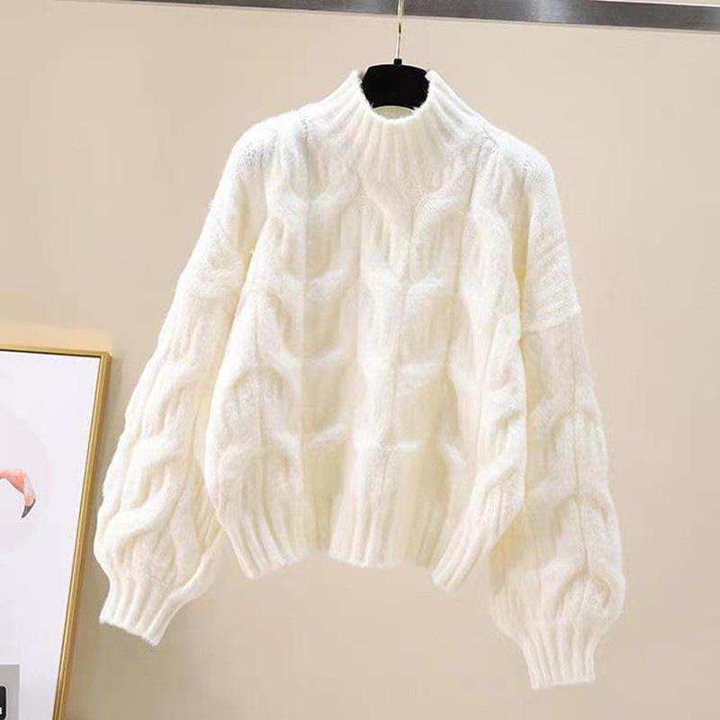 Sweter damski w stylu koreańskim z dzianiny warkoczowej z rękawami typu latarnia – luźny krój, gładki, pulower na jesień/zimę