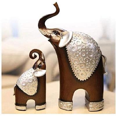 Thai Style Elephant Figurines Mother & Child Elephant Fengshui Resin Sculptures for Home Decor Ornament - Set of 2, Brown