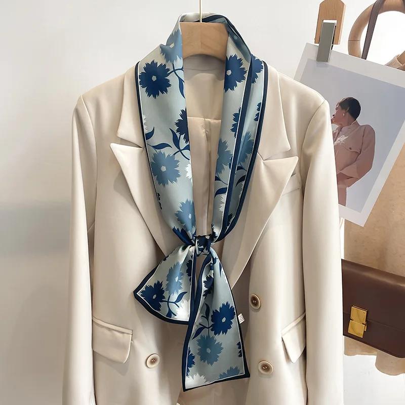 Fashion New Small Silk Scarf Women Tie Bag Headband Flower Printing Hairband Korean Style Neckerchief Ribbon Luxury Brand