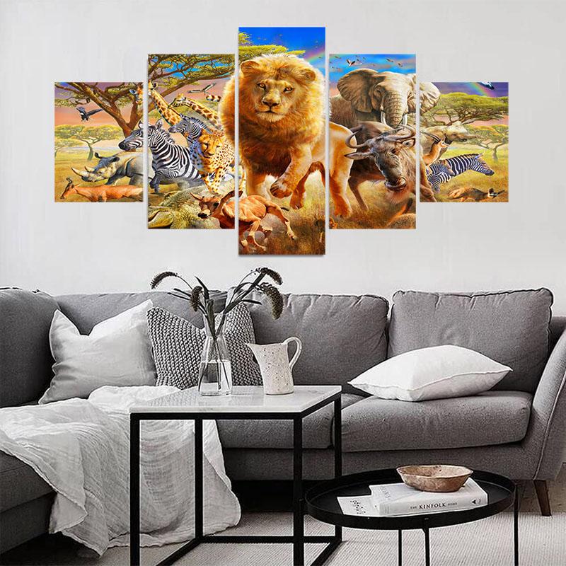 5Panels Tropical Jungle Plant and Animal Landscape Canvas Painting Posters and Prints Wall Art Home Decor for Kids Room No Frame