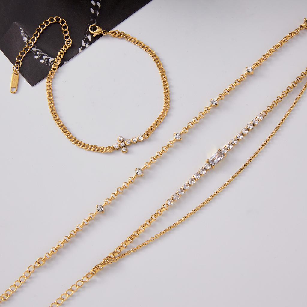JD Women Minimalist Multi Bracelet 18K Gold Round White Zircon Cross Chain Bracelet Stackable Jewelry Gift