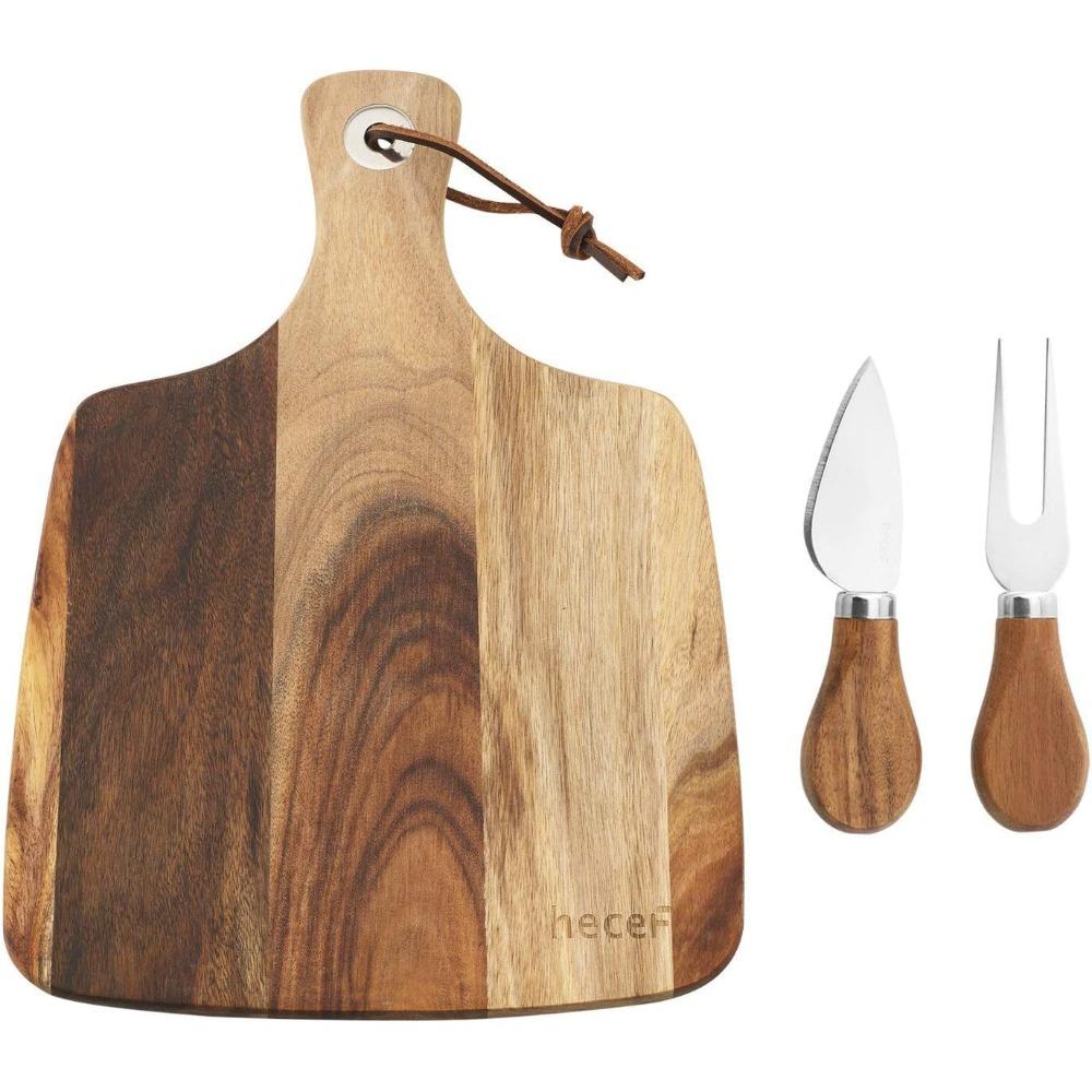 Cheese Board set of 3,a Acacia Wood Cheese Plate, a Knife, a Fork, Charcuterie Board Platter Slate Serving Set