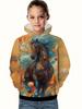 Sudadera con capucha de manga larga para niña con estampado de caballo en 3D, ropa cómoda para niños.