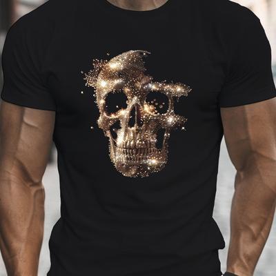 Men Summer T-Shirt Sparkling Skull Graphic Casual Short Sleeve Top for Big Tall Machine Washable Men Clothing Comfortable