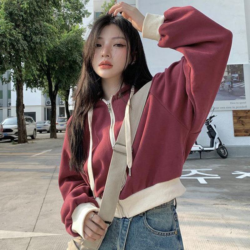 

Женская толстовка с капюшоном в стиле ретро, с цветными блоками, на шнурке, приталенного кроя, куртка с длинным рукавом для весны/осени 2025. XL [Recommended 115-130 jin] красный