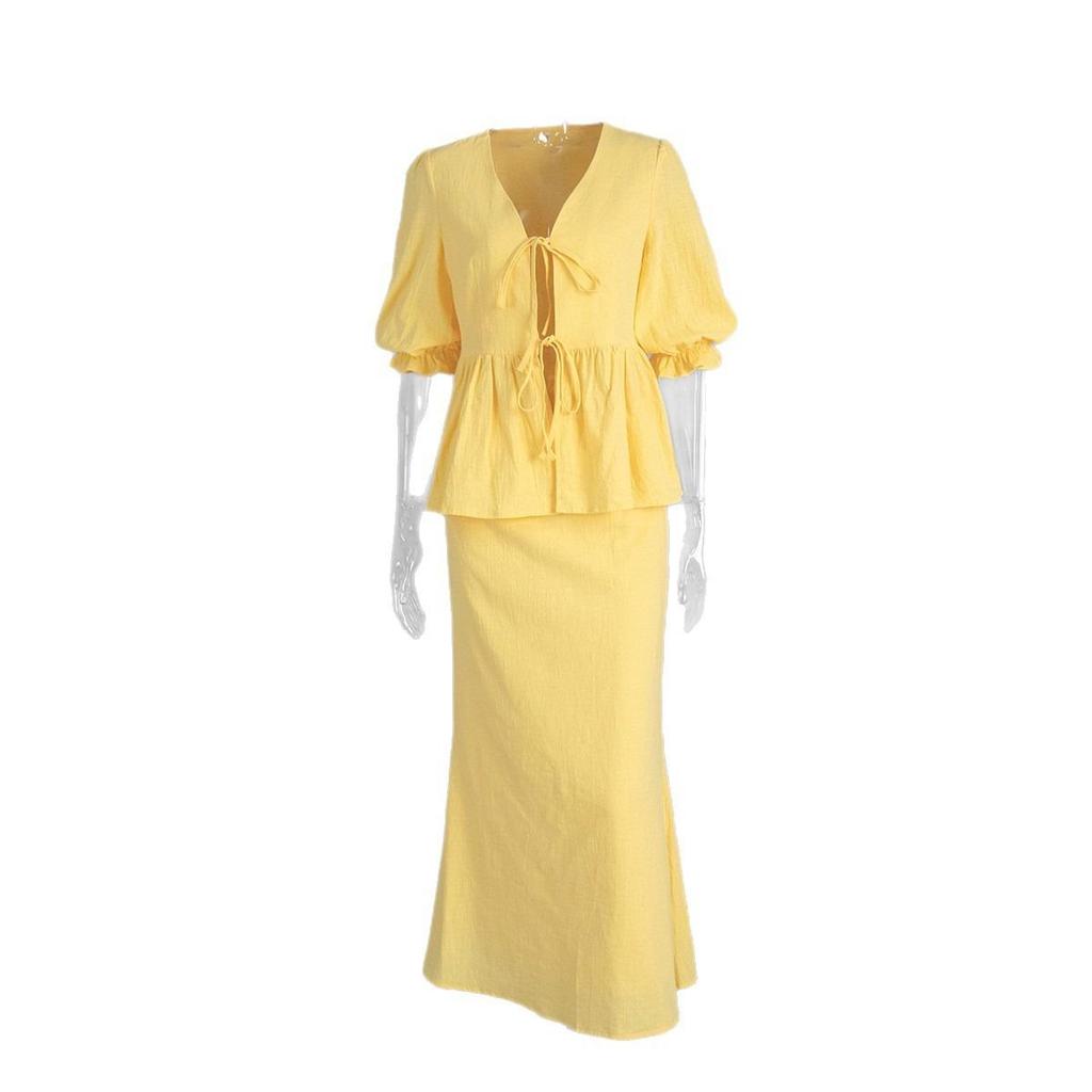 Summer Women's Casual Two Piece Set Outfit American European Style Short Sleeve V-neck Long Midi Skirt Ruffled Trim New