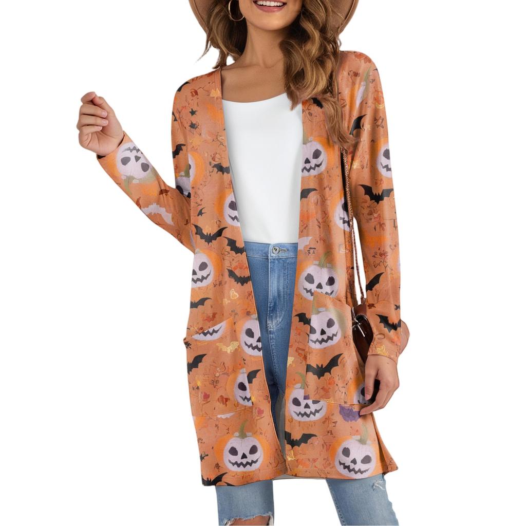 Cardigan da Donna Casual Comodo con Stampa di Halloween di Media Lunghezza con Tasche Giacca