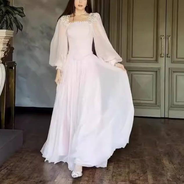 Französisches Quadratischer Ausschnitt Laternenärmel Perlen-Netz-Kleid - Eleganter Europäischer & Amerikanischer Stil