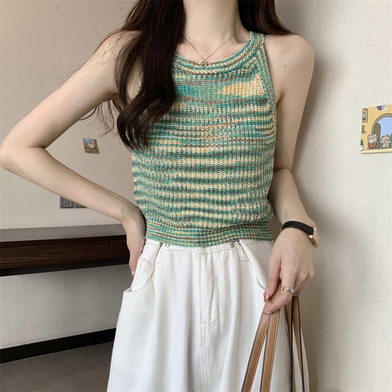 Summer Women's Rainbow Striped Knitted Camisole Sleeveless Short Bottoming Shirt Top Vest for Women