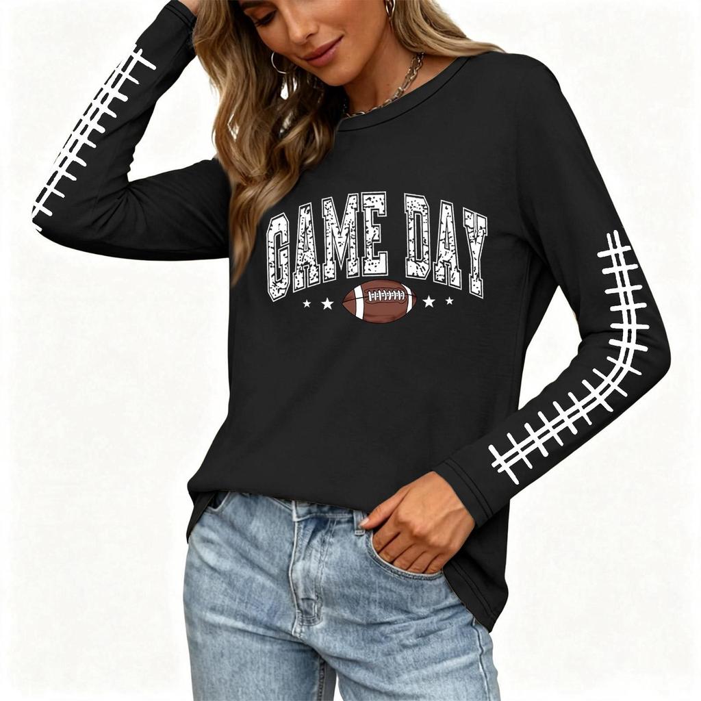 Women's Casual Long Sleeve Neck Top with Rugby Print and Side Slit for Everyday Wear