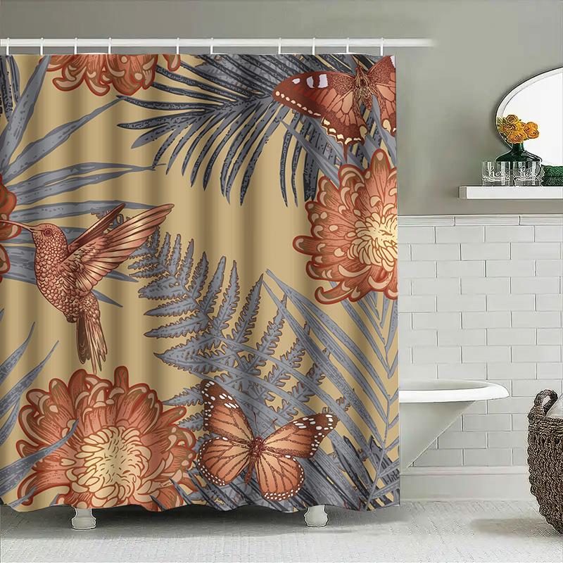 Exotic Botanical Shower Curtain Hummingbird Floral Print 180X240Cm Waterproof Bath Fabric Decor For Bathroom
