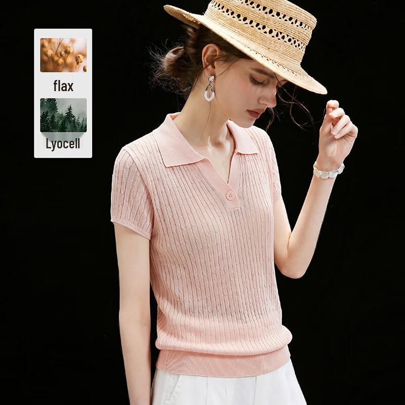 Women's Tencel Linen Ribbed Knit Polo T-shirt