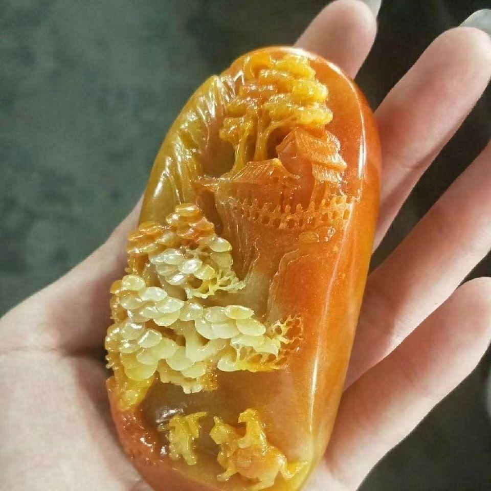 Chinese Antique Huanglong Jade Carving Landscape Figure Handlebar Piece