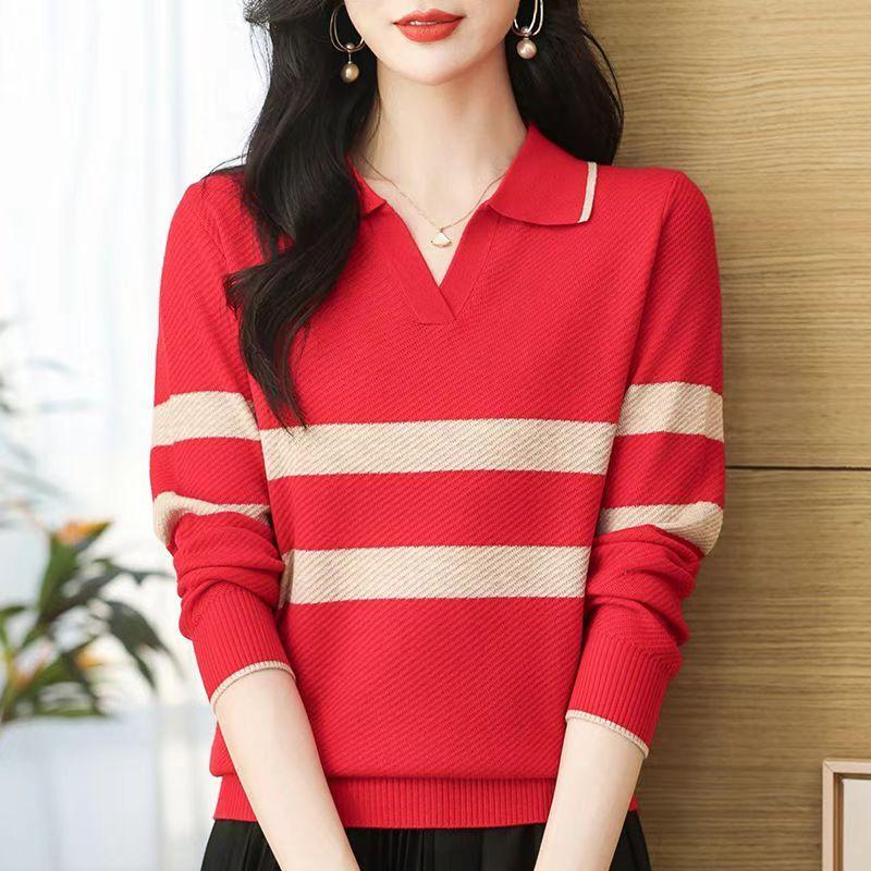 Women's Lapel Knitted Sweater Loose Sweater Polo Collar Knitted Sweater Long Sleeved Top