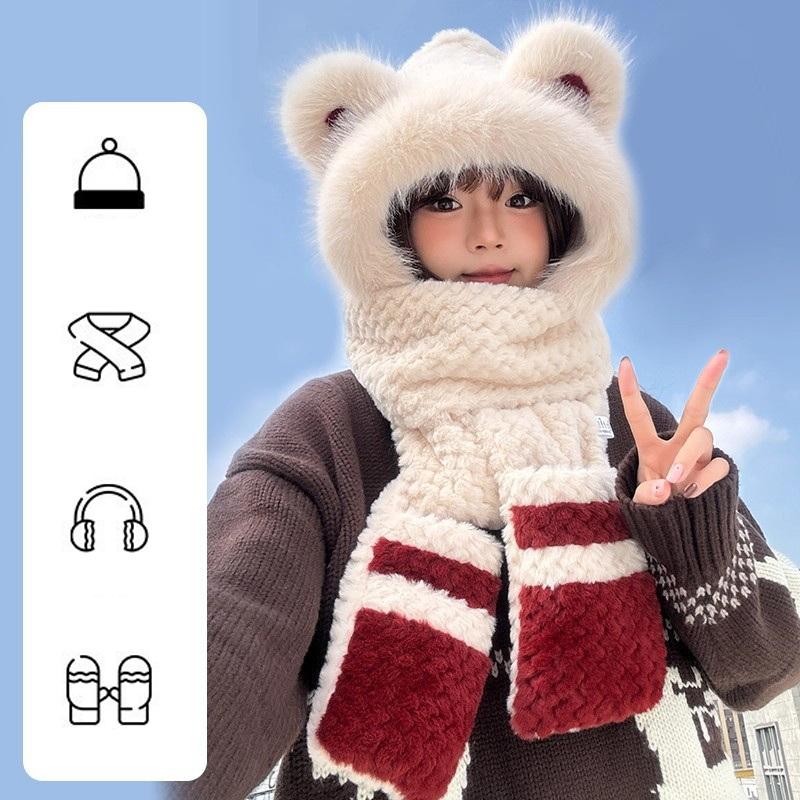 Cold-Proof Warm Able Plush Hat, Hat, Scarf, Gloves And Earmuffs Four-In-One, Winter Thickened Ear Protection Cycling