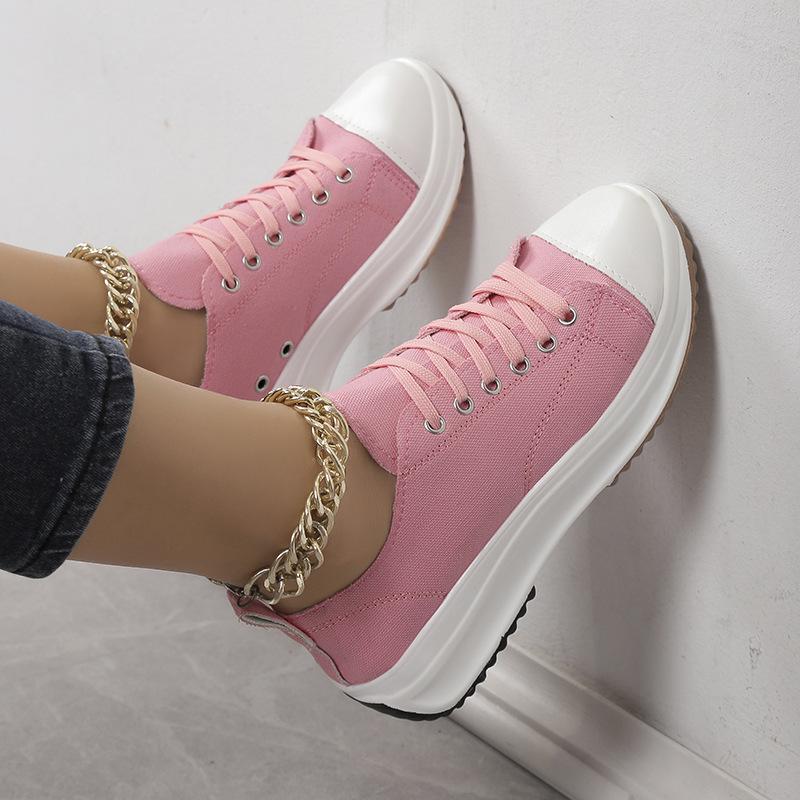 European and American large-size casual single shoes women's 2025 spring and autumn new round head lace-up thick-soled low-top canvas single shoes