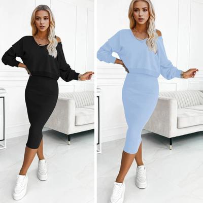 2 Pcs/Set Women Top Dress Set V Neck Long Sleeves Solid Color Top High Waist Sheath Skinny Midi Dress Daily Commuting Dating Sweatshirt Dress