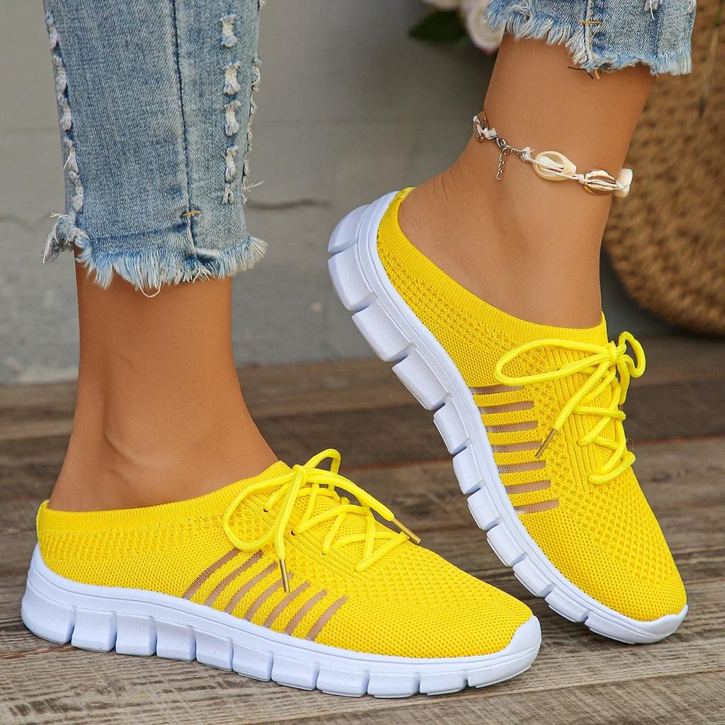 Summer Breathable Mesh Slippers for Women 2025 Lightweight Slip On Walking Shoes Woman Yellow Flat Bottom Non Slip Half Slippers