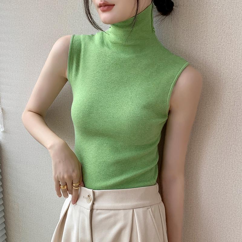 Women's Turtleneck Knit Vest Autumn Winter Slim Fit Slouchy Collar Shrug Sleeveless Lining Top