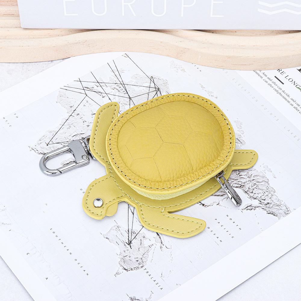 

First Layer Cowhide Small Turtle Pendant Car Key Leather Earphone Storage Bag 12x11x4cm