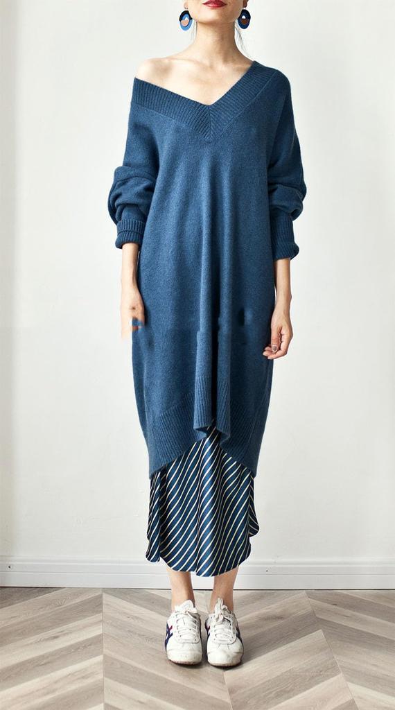 KEQIKAI Knit Long Loose Perfect for Casual Blue Women's Dress, Autumn/Winter, Oversized, V-Neck, Slimming, Sweater, Fit, Lightweight, Commuting,
