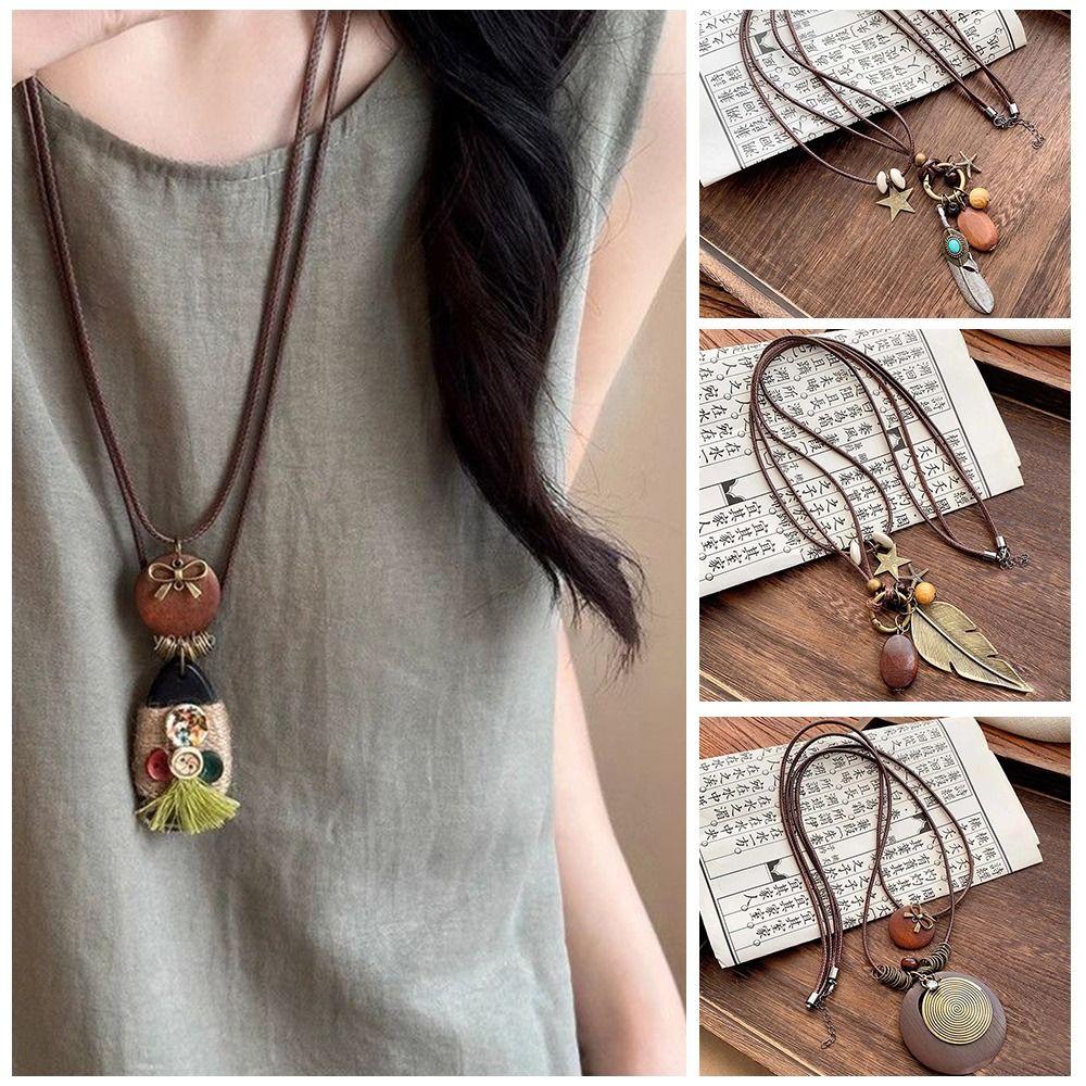 New Chinese Style Feather Leaf Pendant Necklace Vintage Sweater Chain Long Ropse Necklace Women