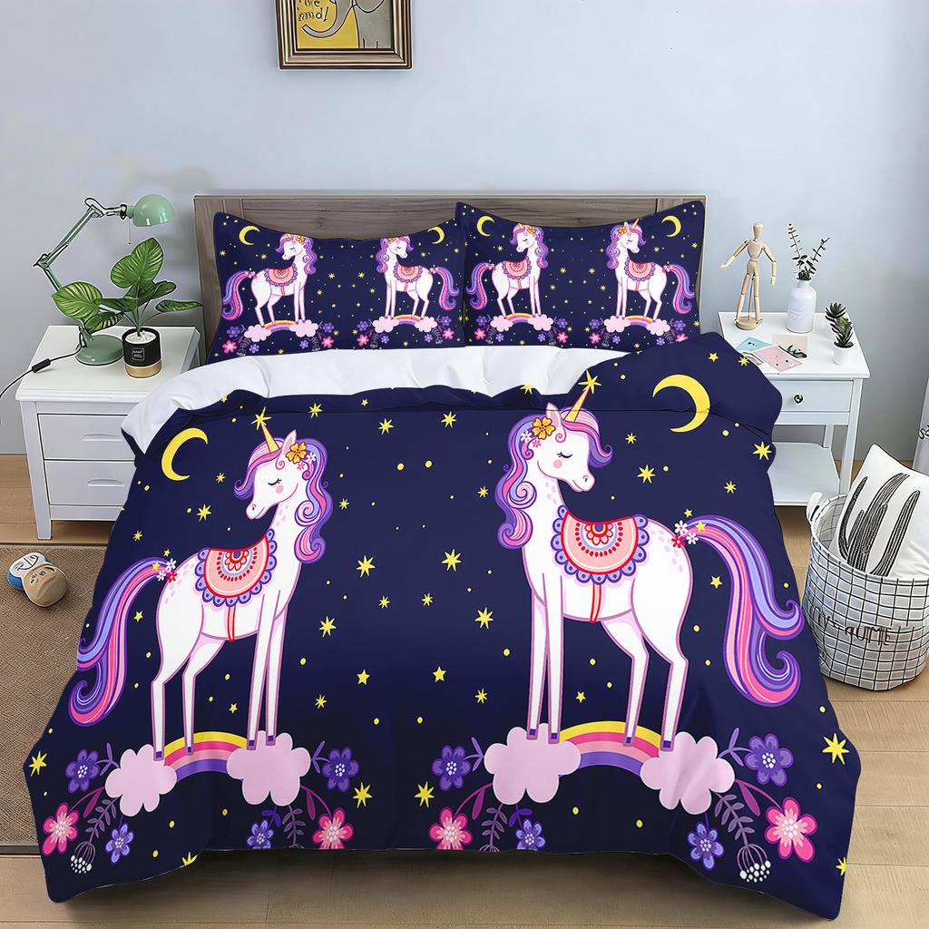 Cute Flowers Rainbow Unicorn Couple Bedding Set Pink Hearts Duvet Cover Pillowcase For Girls Bedroom Decor