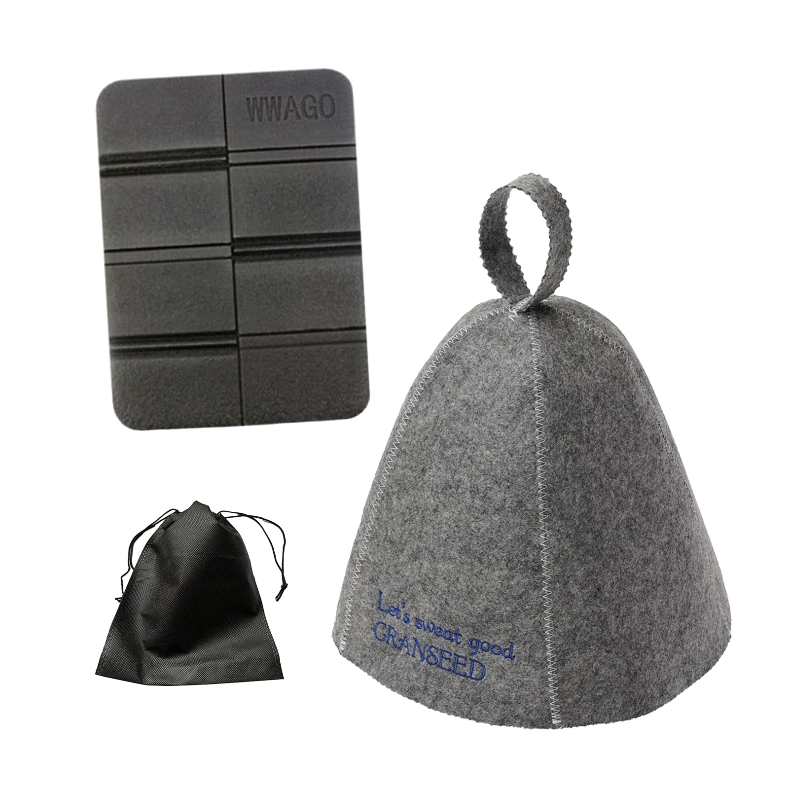 Sauna Hat Sauna Mat Set with Drawstring Bag for Men One Size Fits Protects Hair and Prevents Dryness [GRANSEED] & 2-Piece - Washable, & Women, All, серый