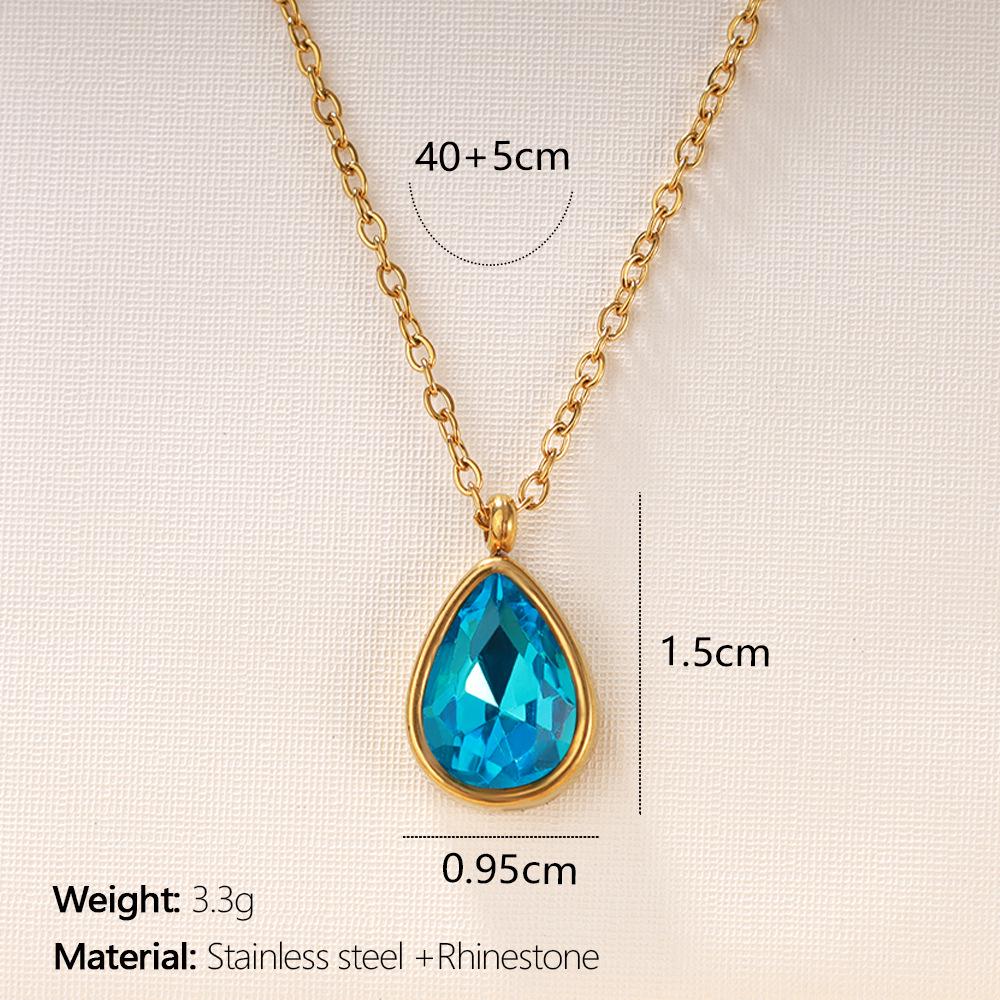 18K Gold Plated Stainless Steel Water Drop Diamond Pendant Necklace for Women - French Light Luxury Style
