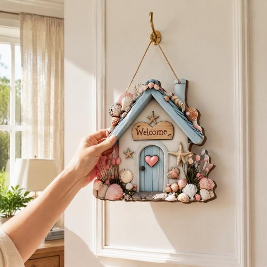 Indoor Outdoor Hanging Plaque Summer Coastal Wooden Wreath, Ocean Welcome Sign, Starfish Shell Nautical Handmade Sign Front Door Hanger for