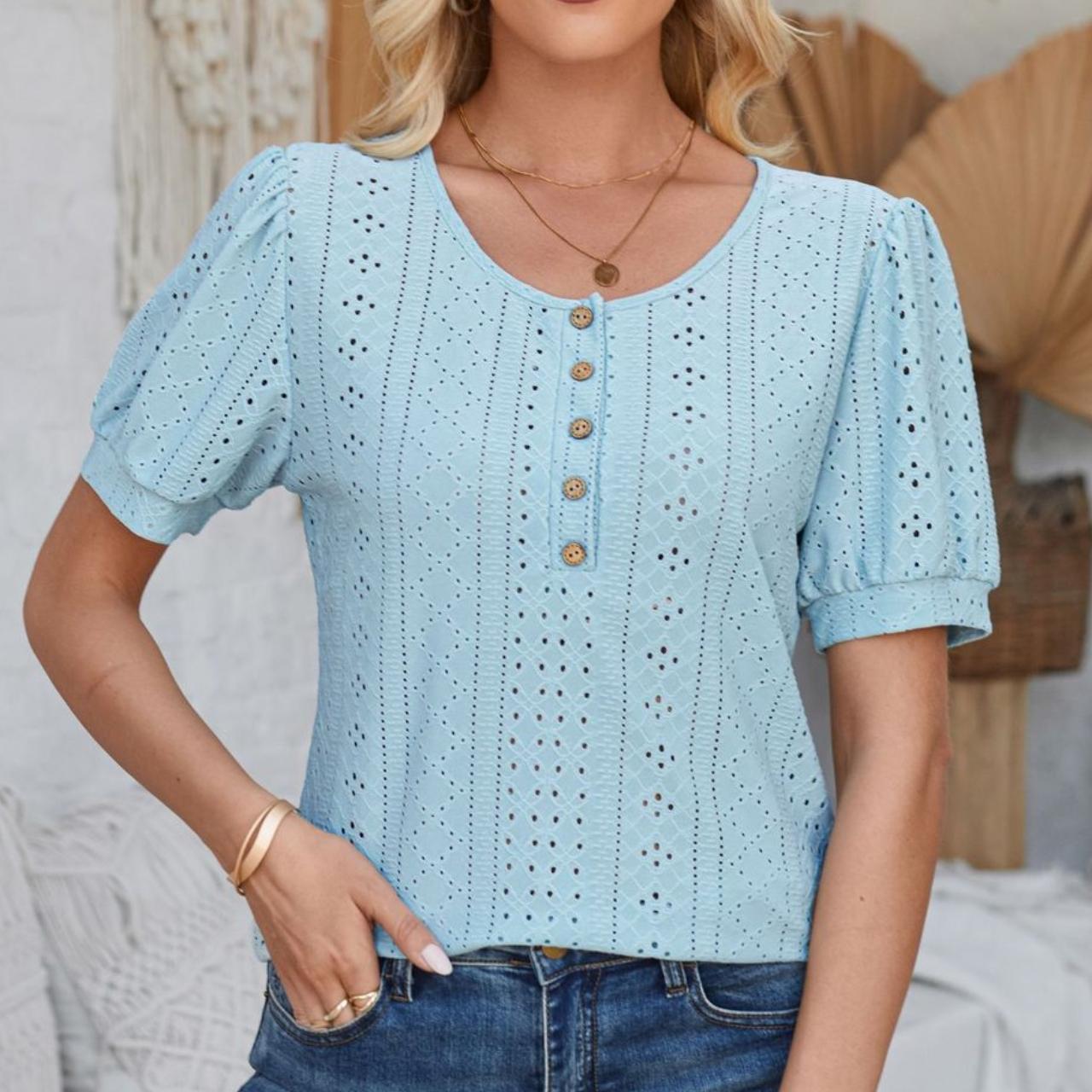 

GMXIA женские модные повседневные летние весенние однотонные свободные блузки и рубашки с короткими рукавами и пуговицами с круглым вырезом и круглым вырезом S