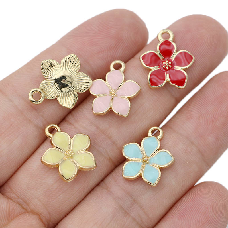 10Pcs Silver Plated Red Enamel Sakura Flower Charm Pendant For Jewelry Making Bracelet Earrings Necklace Diy Accessories Craft