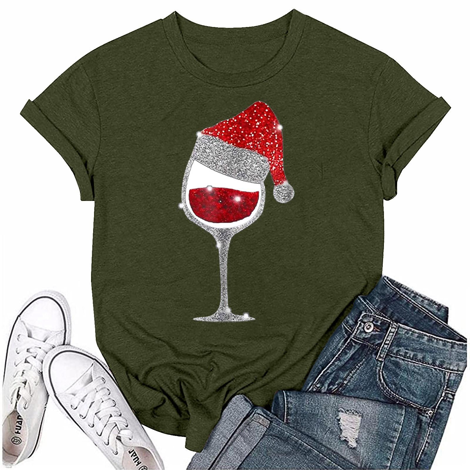 

Женский повседневный рождественский принт с короткими рукавами и круглым вырезом, свободный пуловер, топ L армия зеленый