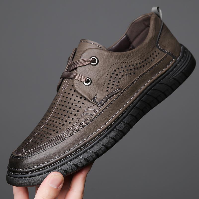 

2025 summer men s lace-up soft leather casual men s shoes hollow rubber sole hole shoes hundred towers breathable leather sandals 38