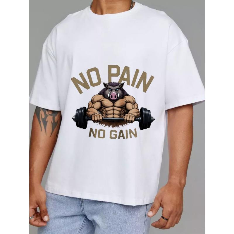 No Pain No Gain Muscle Boar T Shirt White Gym Workout Fitness Motivational Graphic Tee Men's Casual Sport Wear