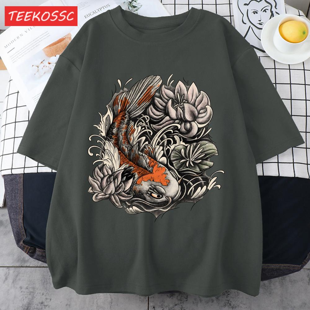 Japanese Harajuku Lotus Koi Print Men T Shirts AllMatch Cotton TShirt Casual Crewneck Loose Streetwear Man Summer Basics Top