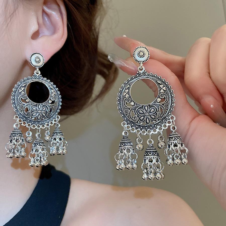 Round Hollow Bell Tassel Drop Earrings for Women 2025 New Retro Ethnic Style  Light Luxury High-end Zircon Girl Accessories