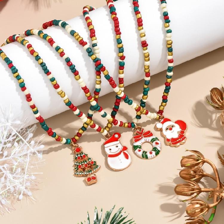 Women's Bohemian Choker Necklace Handmade Christmas Tree and Snowflake Pendant Necklace Colorful Beads Designs