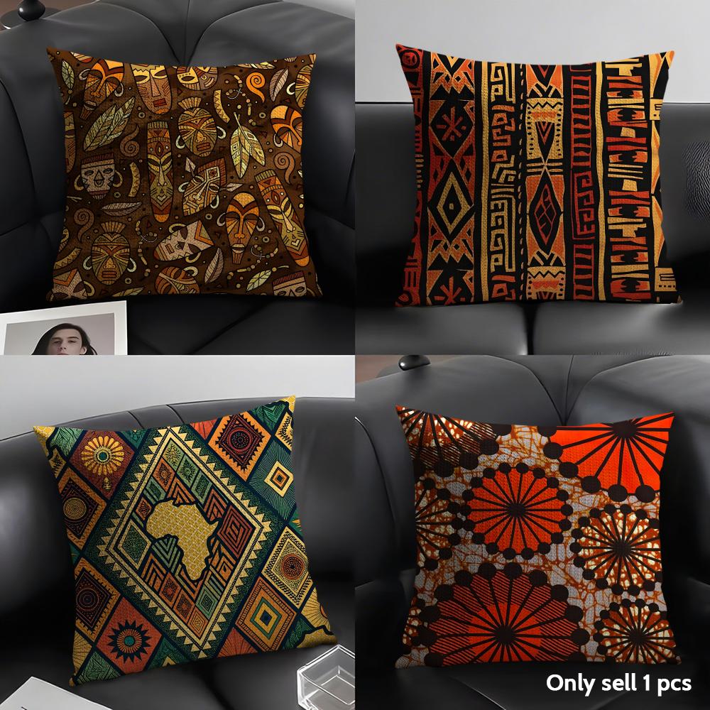 African Style Fabric Print Cushion Cover Natural Linen Organic Fabric Double-Sided Printing Sofa Home Decor Gift Pillow Case