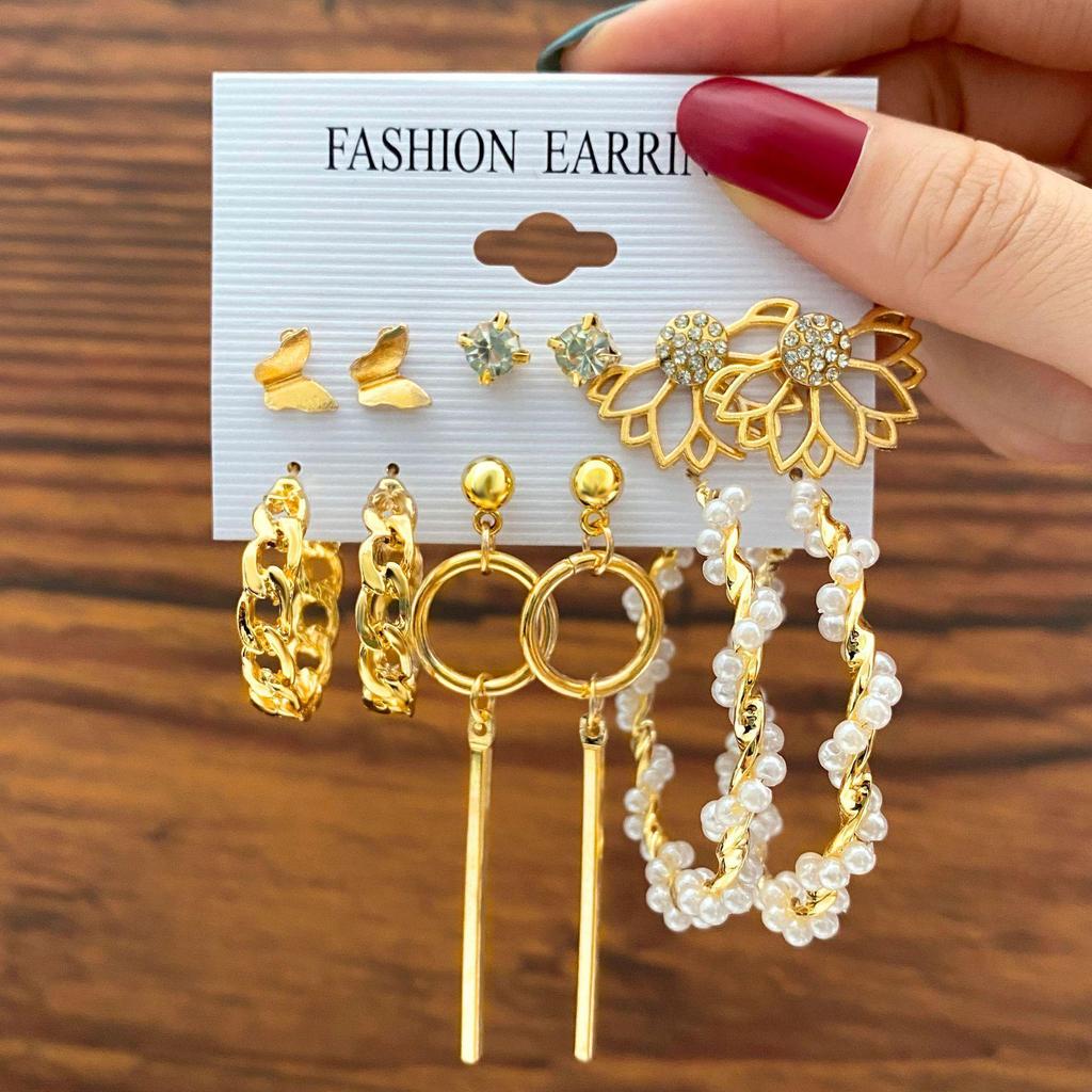 Cross-Chain Pearl Earrings: Creative Hollow Butterfly Geometric Tassel Set (6 Pairs)