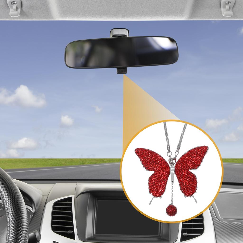 Partuto 1pcs Artificial Crystal Butterfly Car Car Mirror Pendant Accessories Car Hanging Ornament Red