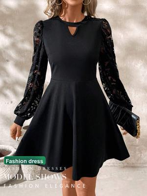 New Elegant Women's Black Crew Neck Lace Patch Long Sleeve Lantern Sleeve Slim Fit Dress