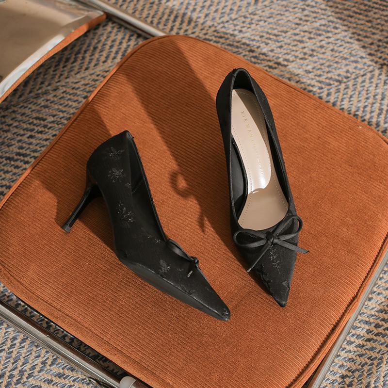 Modenschau Gasdruckschuhe Damen Schleife Pfennigabsatz Spitz zulaufend Temperament Neue Einzelne Schuhe Damen