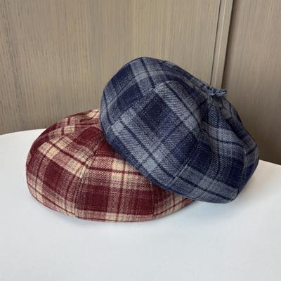 Retro Plaid Octagonal Hat Ladies British Versatile Painter Hat Show Face Small Warm Beret