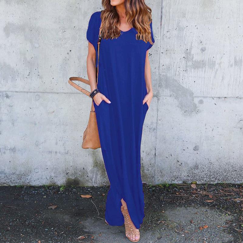 Premium Quality Women Summer Maxi T-shirt Dress With Short Sleeves And Pockets